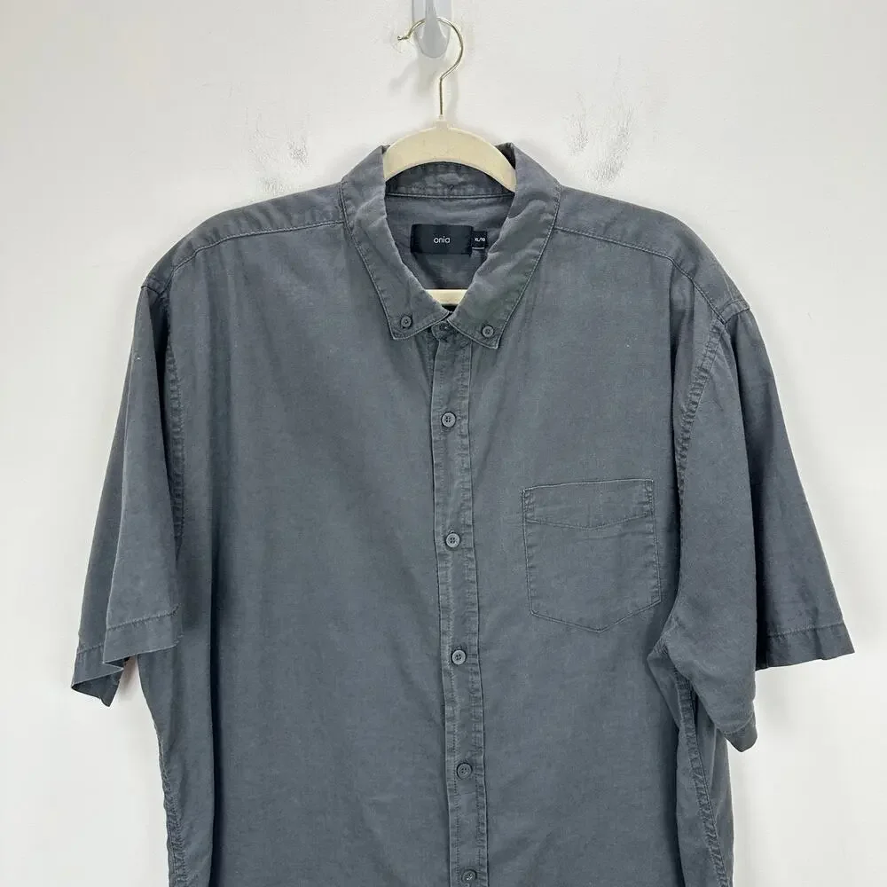 Onia Linen Blend Short Sleeve Button Down Shirt Gray Minimalist Vacation Mens XL
